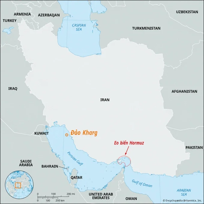 Vị trí eo biển Hormuz và đảo Kharg. Đồ họa: Britannica