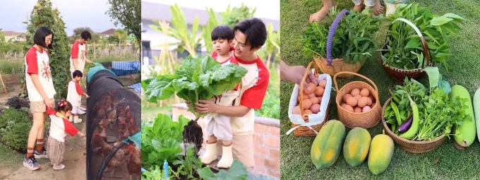 Bốn thành viên gia đình Push cùng cho gà ăn, hái rau. Ảnh: Instagram Push-dj