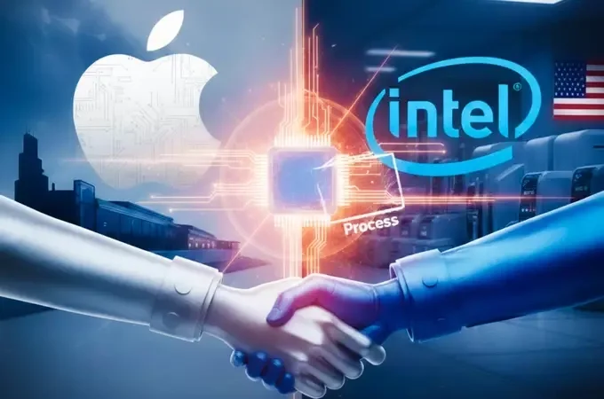 Minh họa Intel và Apple hợp tác sản xuất chip. Ảnh:Google Gemini