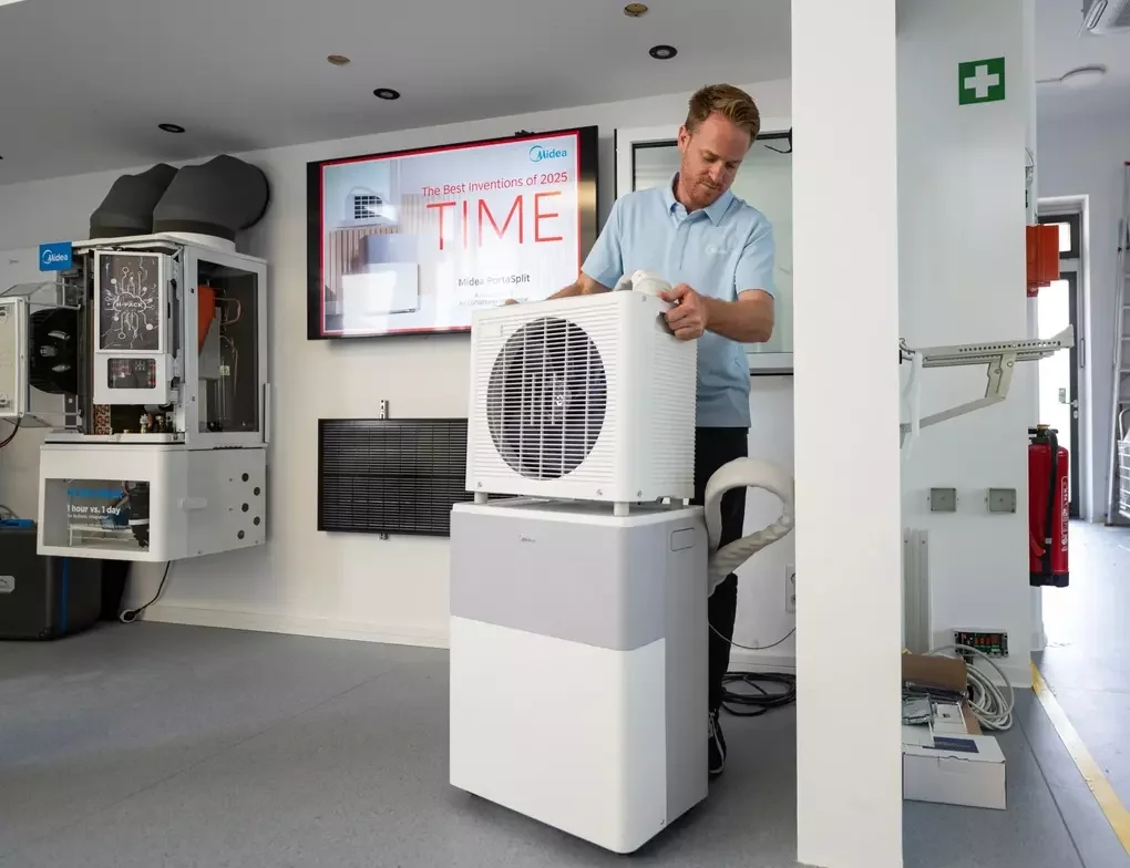 Máy điều hòa không khí Midea PortaSplit được trưng bày tại Stuttgart (Đức), ngày 30/6. Ảnh: Tân Hoa Xã