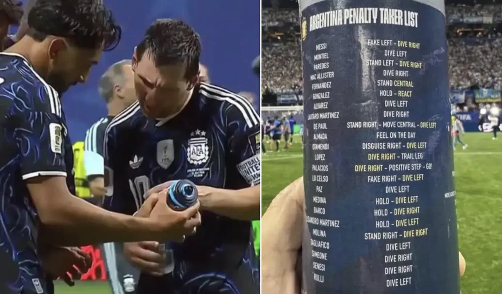 Khoảnh khắc Messi đọc ghi chú bình nước của Jordan Pickford. Ảnh: NDTV