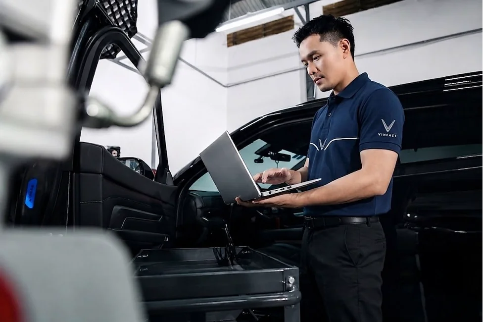 Kỹ thuật viên VinFast tại một xưởng dịch vụ, sửa chữa chính hãng. Ảnh: VinFast
