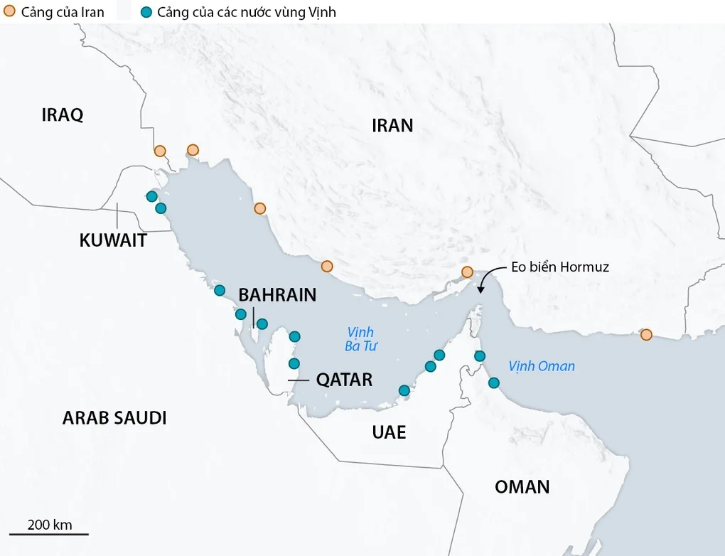 Vị trí eo biển Hormuz và các cảng ở vùng Vịnh. Đồ họa: WSJ