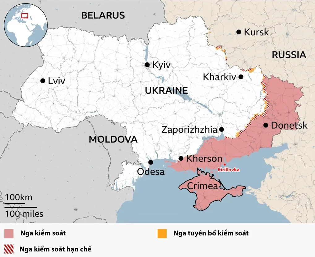 Vị trí làng Kirillovka (chấm đỏ). Đồ họa: BBC