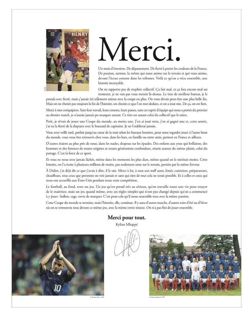 Lá thư gửi người hâm mộ độ tuyển Pháp của Kylian Mbappe, đăng tải trên trang cá nhân Instagram ngày 27/7/2026. Ảnh: Instagram/Kylian Mbappe